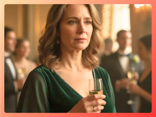 Woman in an elegant green velvet dress holding a glass of champagne at a formal gathering.