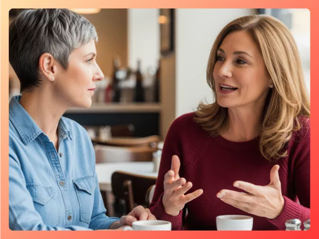 Two midlife women engaged in meaningful conversation at a café table, reflecting deep and reciprocal friendship.