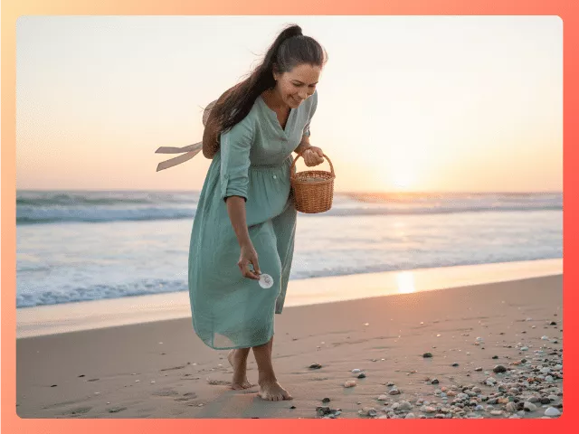Woman walking along the beach collecting seashells, symbolizing small wins and gratitude in midlife