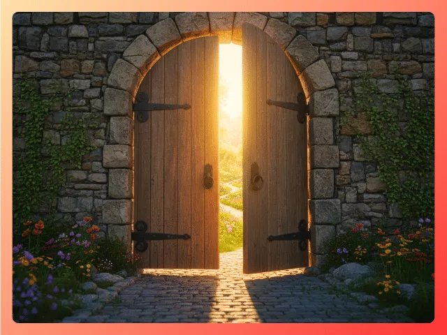 Cracked fortress doors opening to a sunny meadow symbolizing vulnerability, connection, and asking for help in midlife.