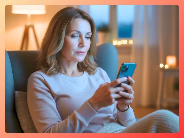 Woman sitting on couch in cozy evening lighting, looking thoughtfully at her smartphone.