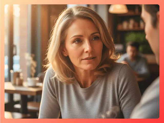 Midlife woman listening attentively at a cafe table, symbolizing empathy and authentic conversation.
