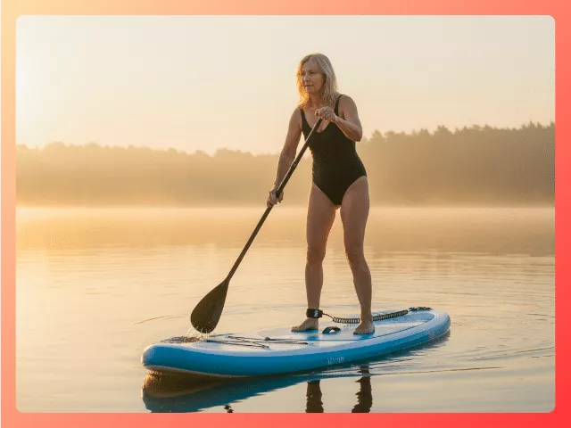Midlife woman smiling as she stand up paddleboards in the ocean at sunset, symbolizing curiosity, courage, and fresh beginnings.