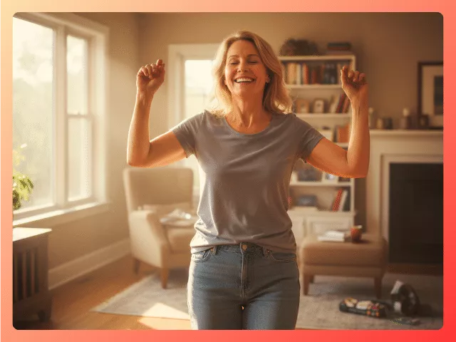 Woman dancing in her living room, embracing joy and fun in midlife