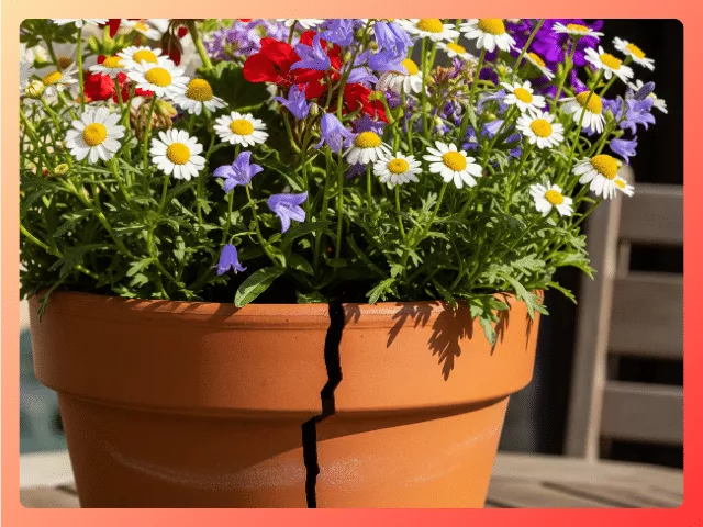 Cracked clay pot with blooming flowers symbolizing midlife resilience and growth after unexpected setbacks