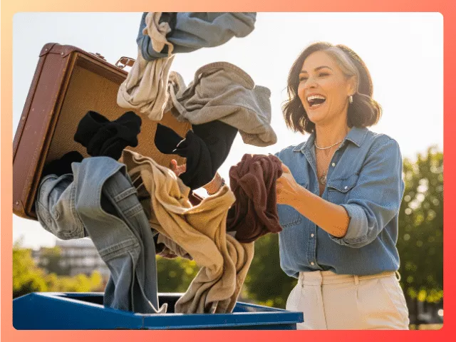 Woman dumping clothes from a suitcase into a recycle bin, symbolizing letting go of expectations and limiting beliefs in midlife