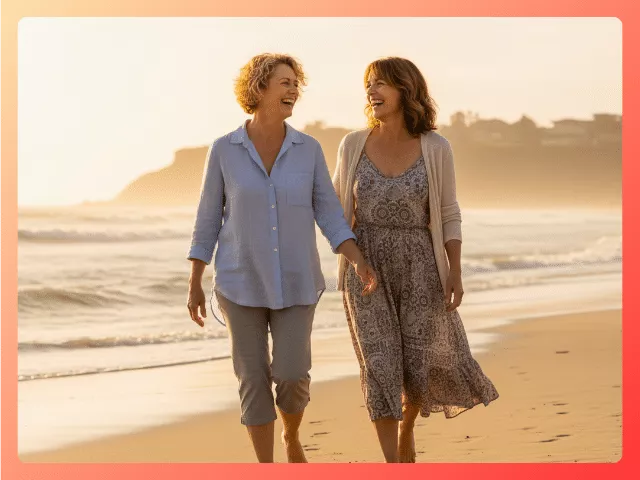 Two midlife women laughing together walking, symbolizing genuine friendship, connection, and joy in midlife.