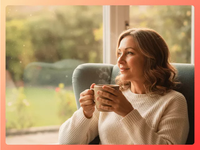 Midlife woman sitting in a comfortable chair holding coffee, reflecting on boundaries, self-care, and protecting her energy